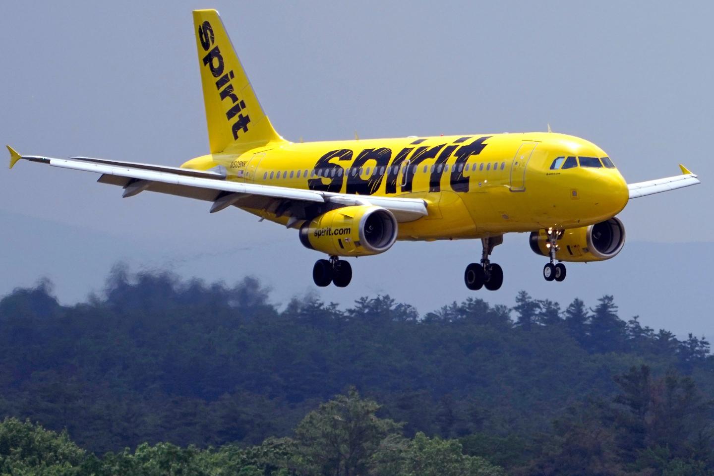 A Spirit Airlines 319 Airbus approaches Manchester Boston Regional Airport for a landing, June 2, 2023, in Manchester, N.H.