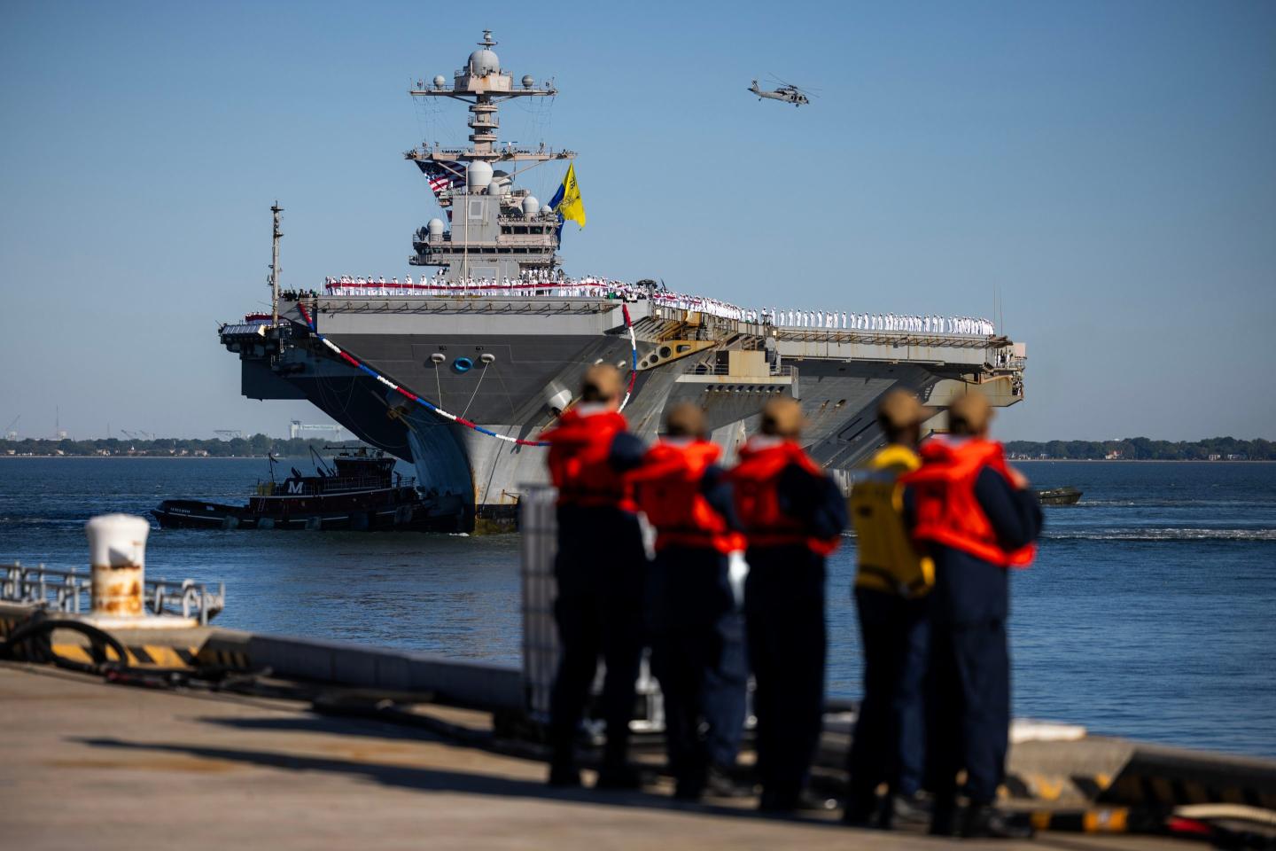 The USS Gerald R. Ford pulls up to Pier 11 at Naval Station Norfolk in Norfolk, Va. on Saturday, May 16, 2026, following an 11 month deployment. 