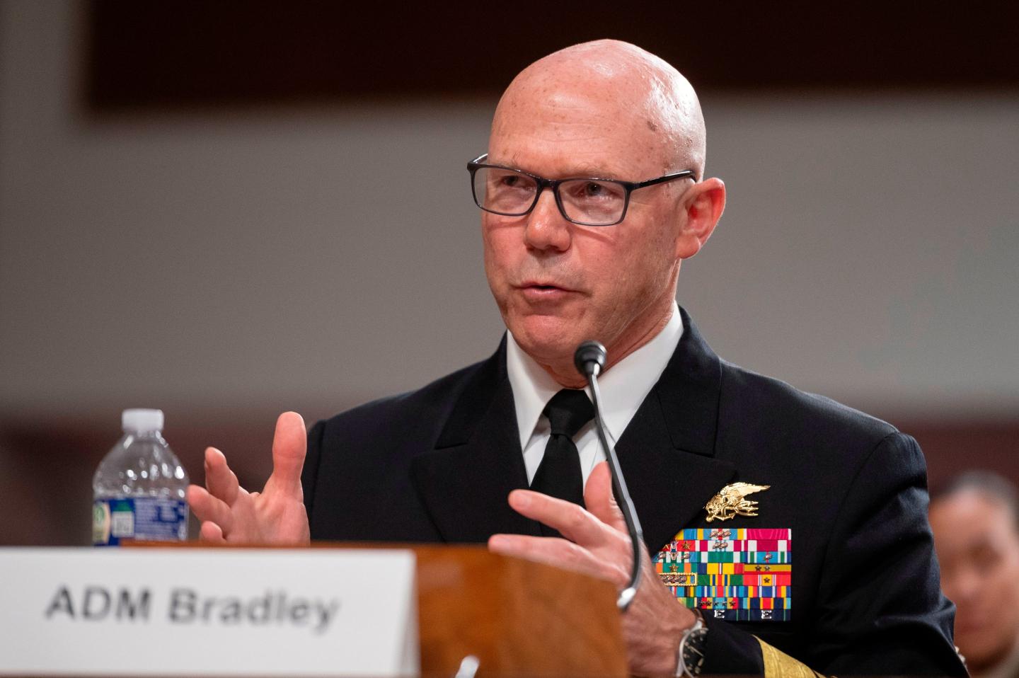 U.S. Navy Adm. Frank Bradley testifies before the Senate Committee on Armed Services on Capitol Hill in Washington, April 28, 2026.
