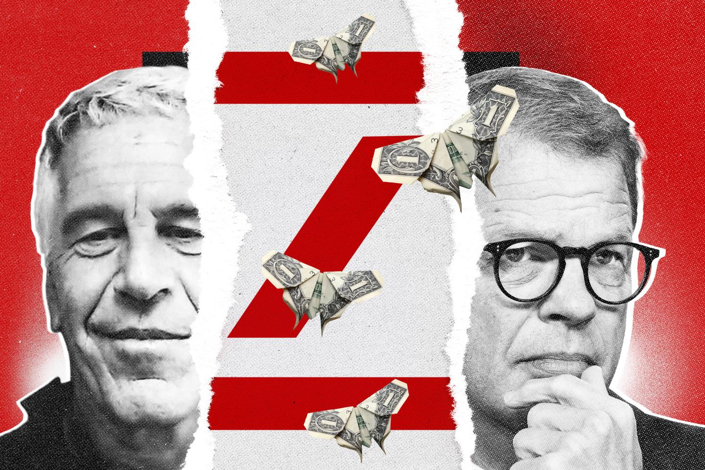 epstein on the right, deutsche bank logo, dollar bill butterflies, and christian sewing on the left in a collage