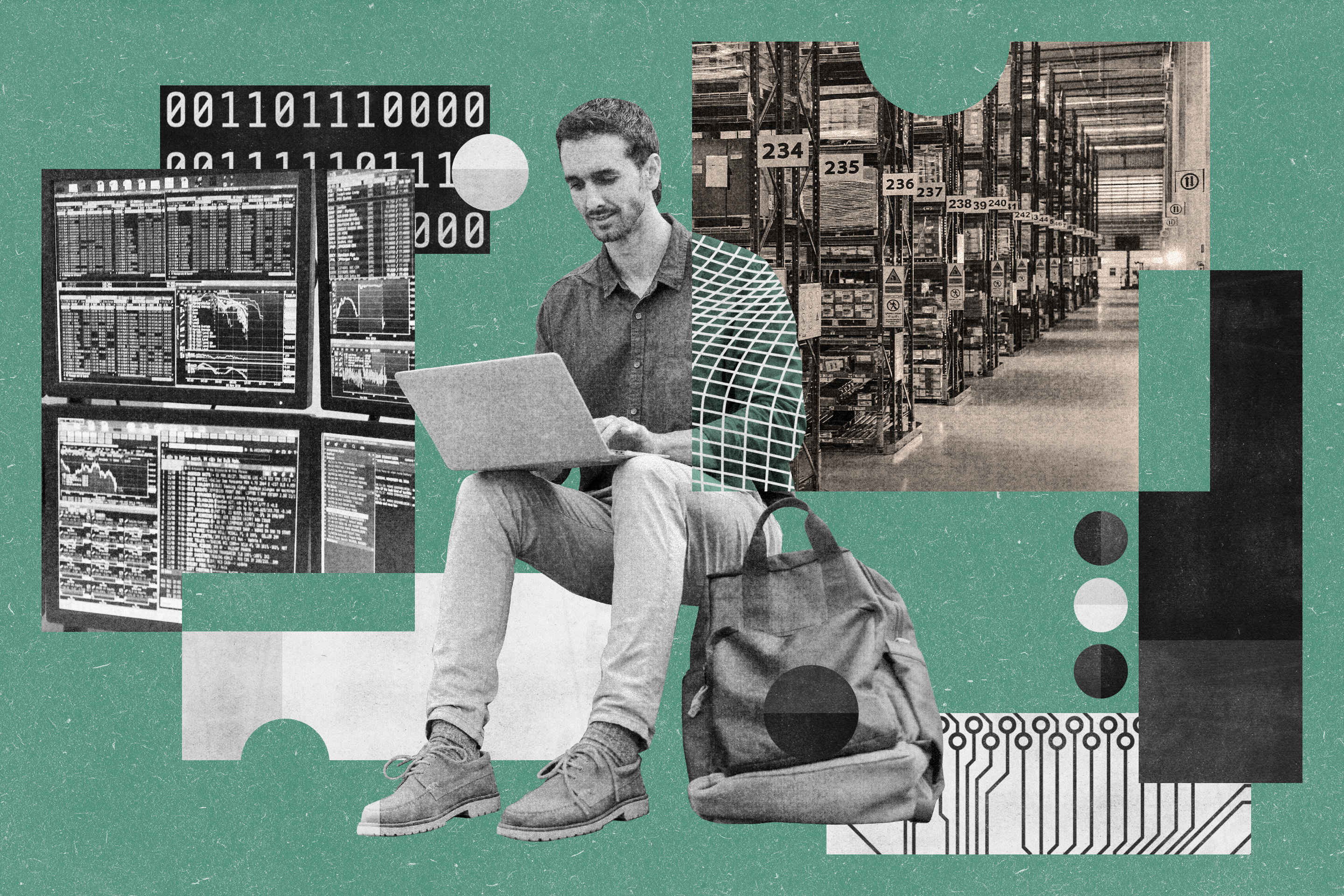 Photo montage of a person working on a laptop surrounded by tech imagery