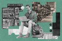 Photo montage of a person working on a laptop surrounded by tech imagery