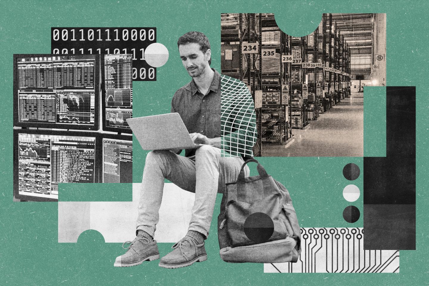 Photo montage of a person working on a laptop surrounded by tech imagery