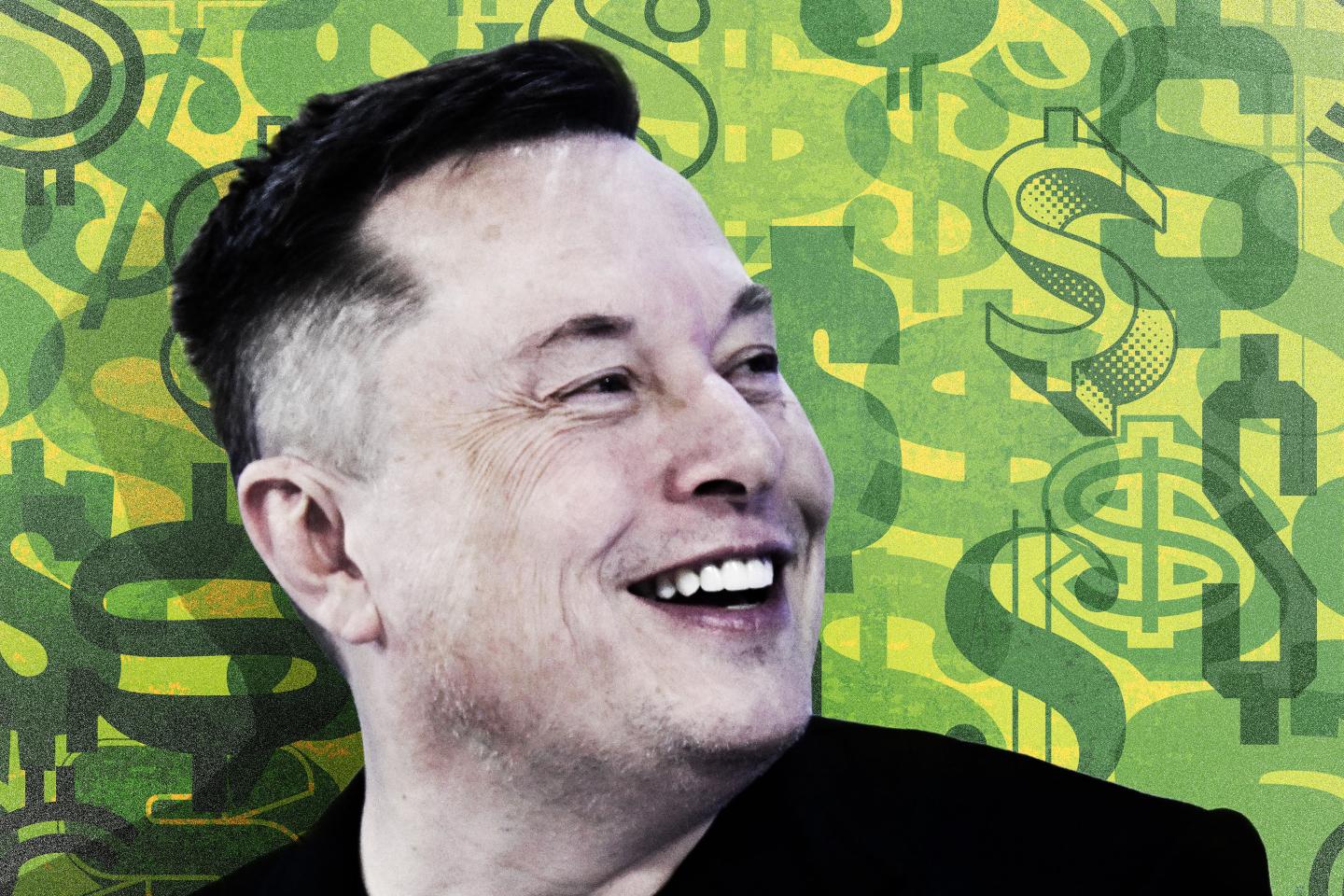 Elon Musk surrounded by Money symbols