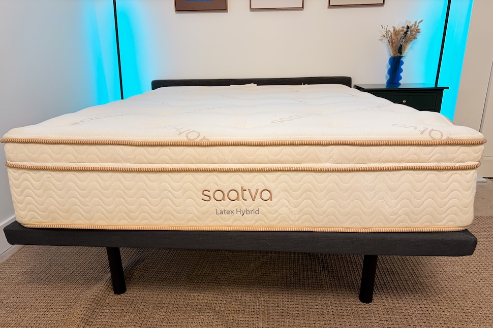 The Saatva Latex Hybrid on an adjustable base