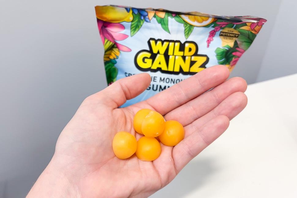 An open palm holding five Wild Gainz creatine gummies