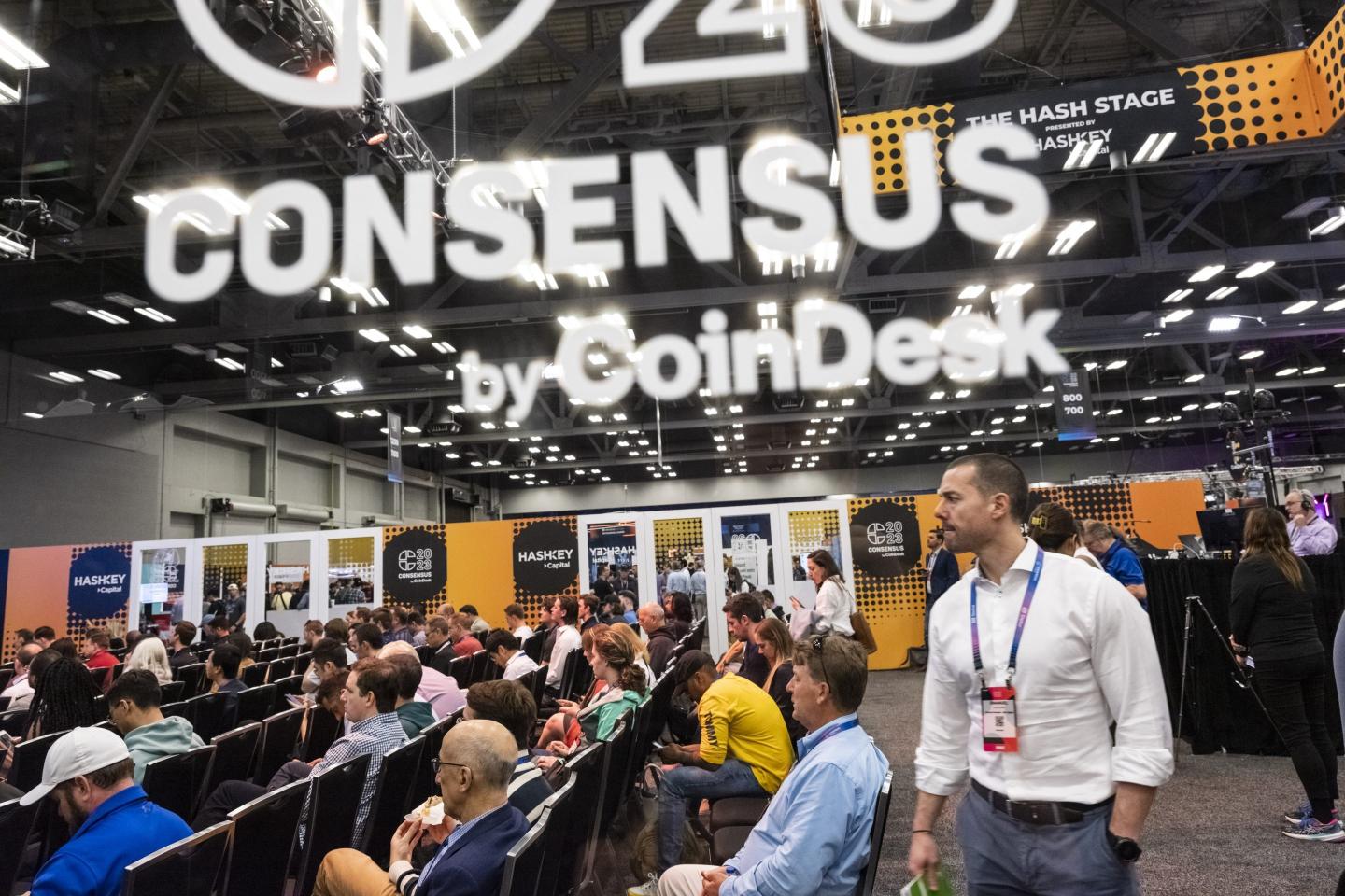 Attendees sit to watch a speech during the 2023 Consensus conference in Austin, Texas