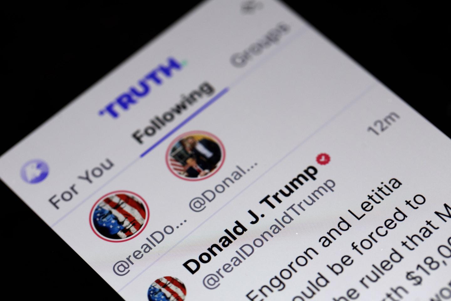 Donald Trump's social media platform Truth Social is shown on a tablet on March 25, 2024 in Chicago, Illinois.