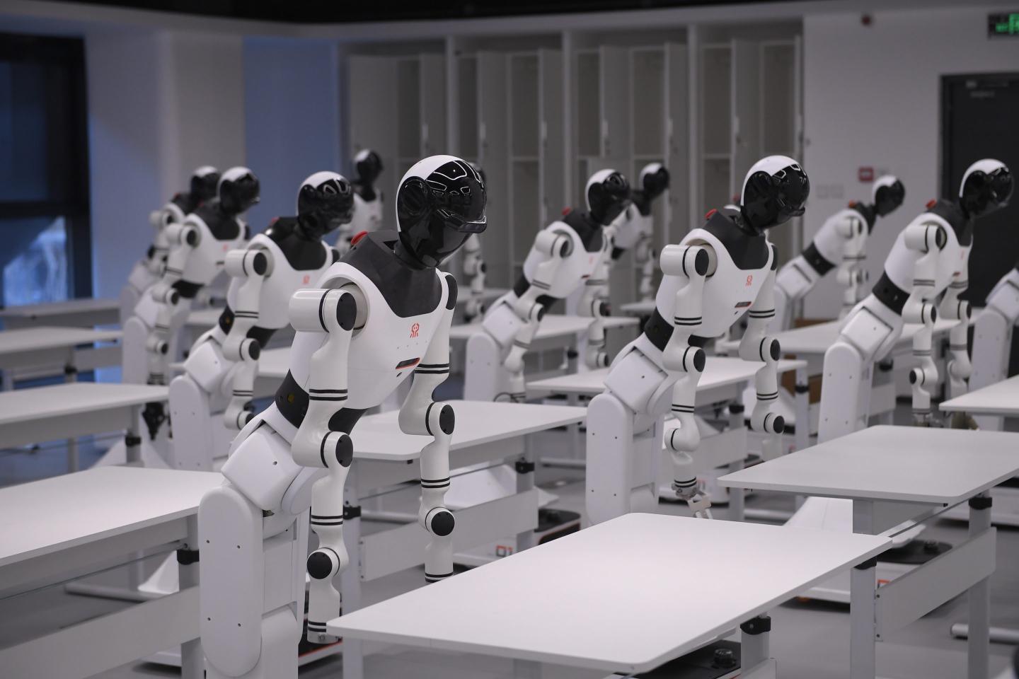 Humanoid robots at the humanoid robot innovation center at Shougang Park on March 28, 2025 in Beijing, China.