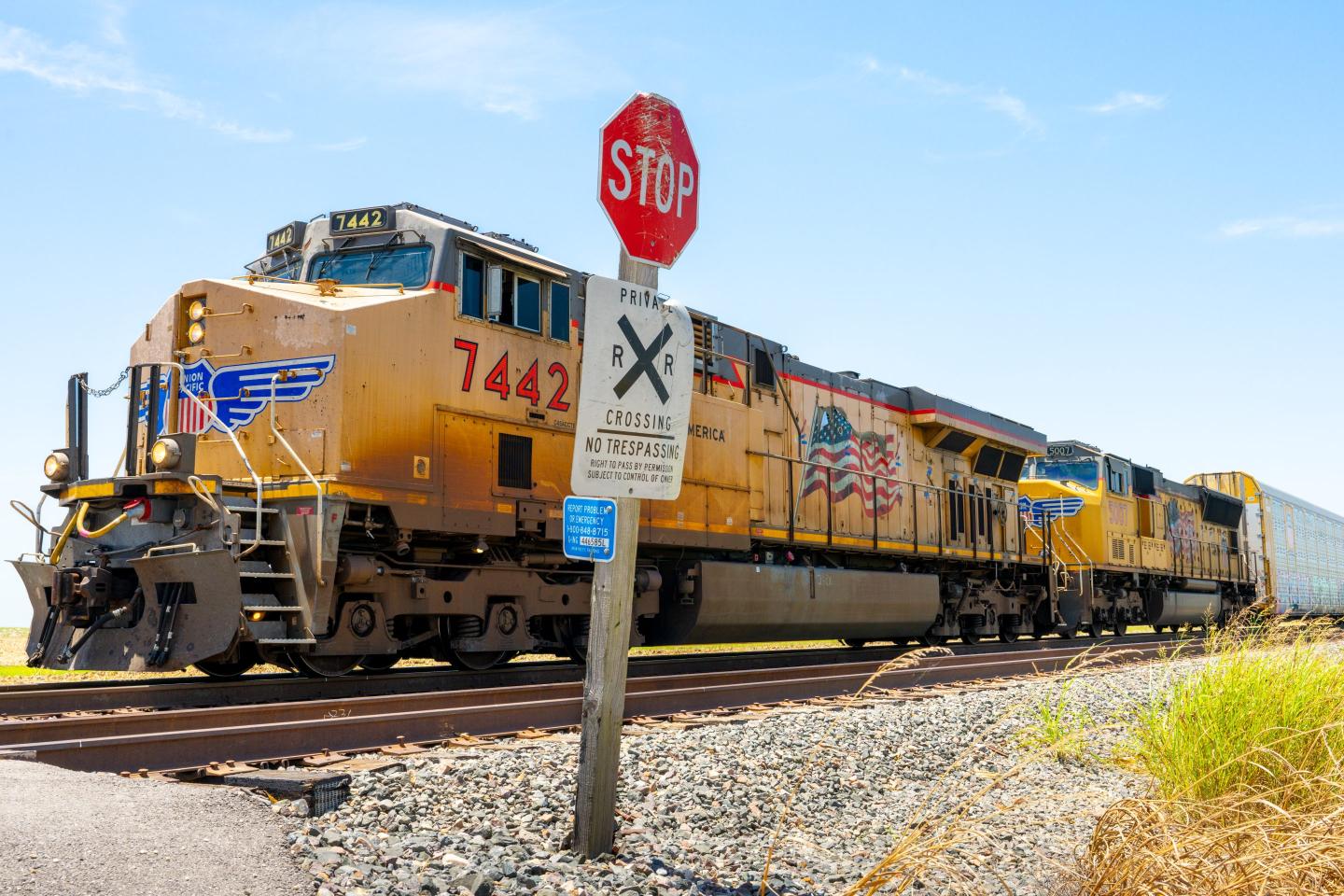 A Union Pacific freight train in Hutto, Texas.