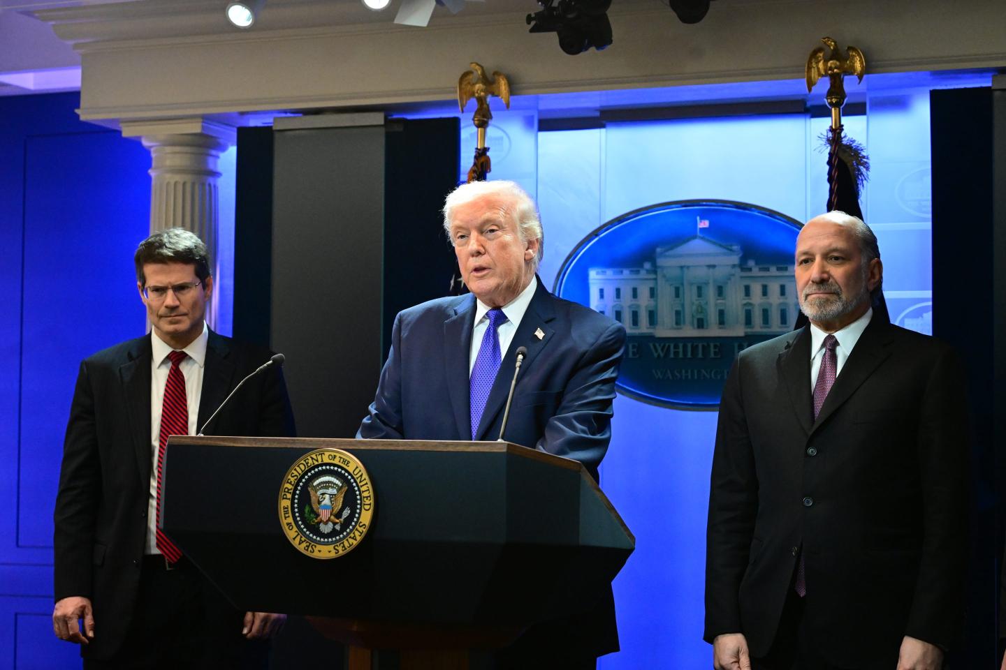 Donald Trump pictured during a press conference following a Supreme Court ruling on his tariff policy.