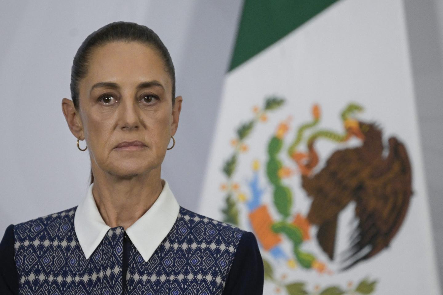 Mexican president Claudia Sheinbaum is seen during her morning presser in Mexico City, on April 14, 2026.