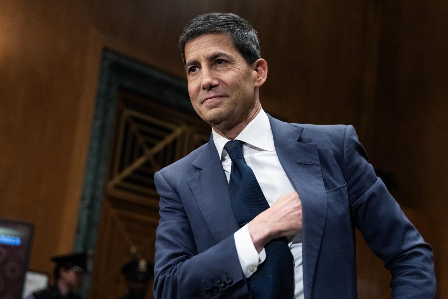 Kevin Warsh, nominee for chairman of the Federal Reserve, arrives for his Senate Banking, Housing and Urban Affairs Committee confirmation hearing in Dirksen building on Tuesday, April 21, 2026.