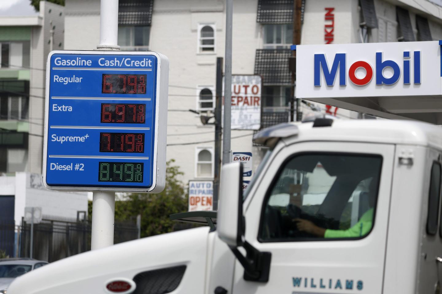 Gas prices at more than $6 a gallon are displayed at a Mobil station on May 04, 2026 in Los Angeles, California.