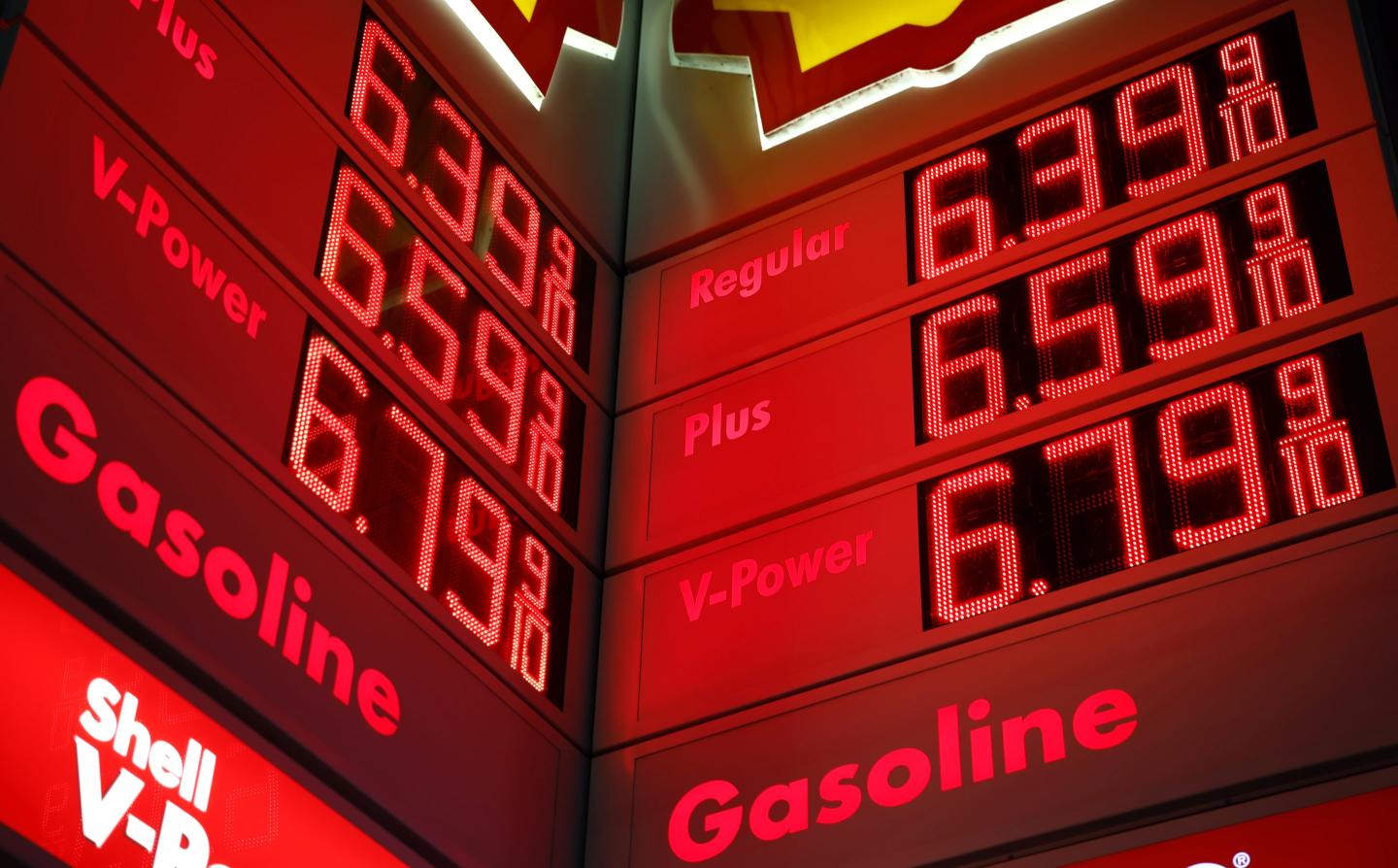 High gas prices are displayed at a Shell gas station on May 11, 2026 in Burbank, California.