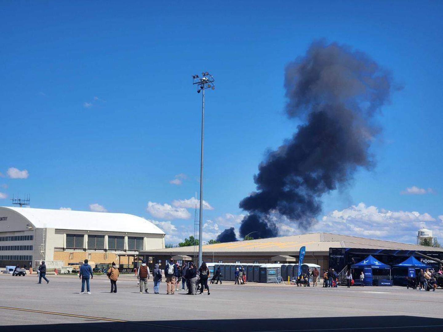 Rescue crews responded to a crash during the Gunfighter Skies air show at Idaho's Mountain Home Air Force Base on Sunday, May 17, 2026. An announcer told the crowd shortly after 1 p.m. that all four Navy pilots were âfound safe.
