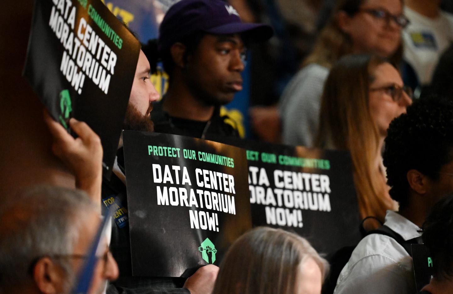 Environmental advocates and progressive lawmakers hold a rally in support of legislation that would put a moratorium on new data centers in the state on Wednesday, May 13, 2026, at the Capitol in Albany, N.Y.