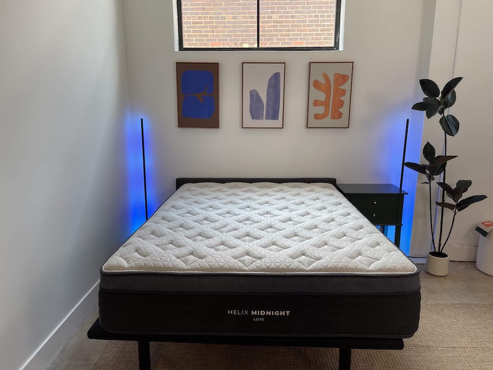The Helix Midnight Luxe mattress on an adjustable bed frame.