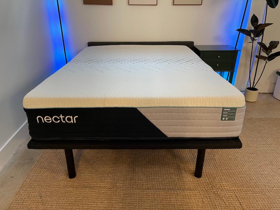 A Nectar Premier Hybrid mattress on an adjustable base
