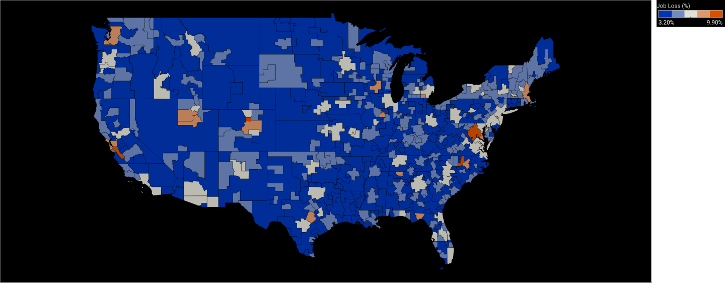 US map of ai job loss threat