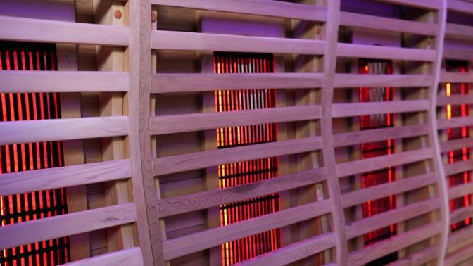A closeup of the heating slats on the Sun Home Luminar 5-Person Outdoor Sauna