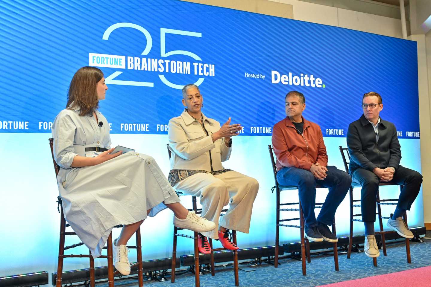 At Fortune Brainstorm Tech 2026, Chris Bedi, Chief Customer Officer and Enterprise AI Advisor, ServiceNow; China Widener, Vice Chair and US Technology, Media & Telecommunications Industry Leader, Deloitte; and Phil Wiser, Chief Technology Officer, Paramount, speak on a panel with Kristin Stoller, Fortune editorial director.