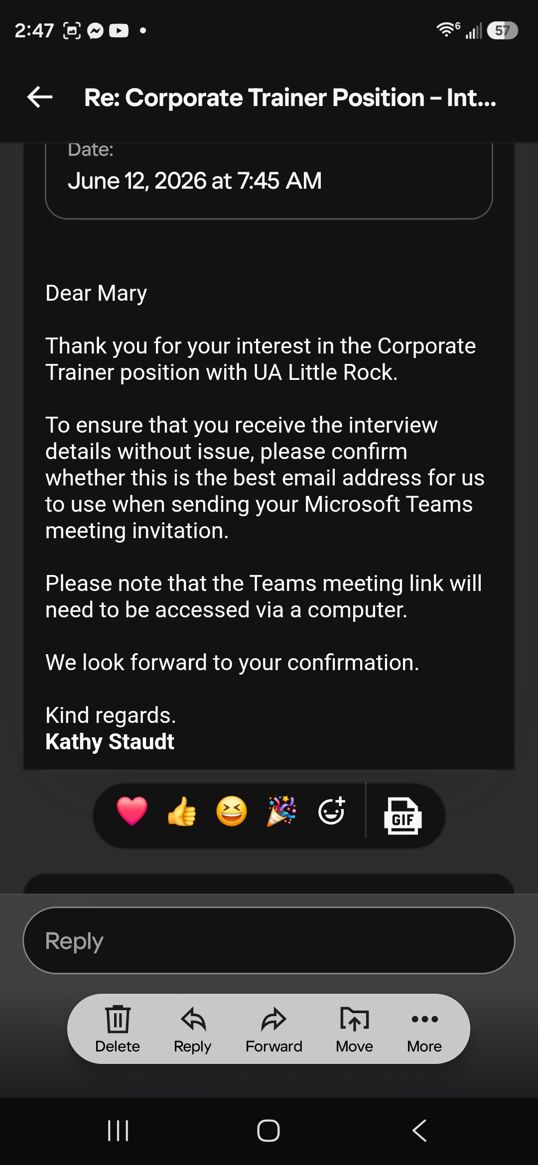 screenshots shows an invitation to interview at the university of arkansas