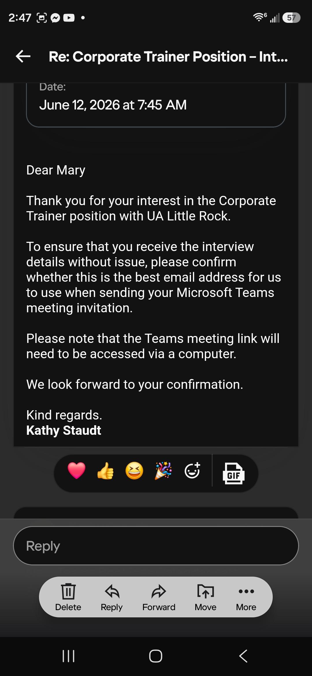 screenshots shows an invitation to interview at the university of arkansas