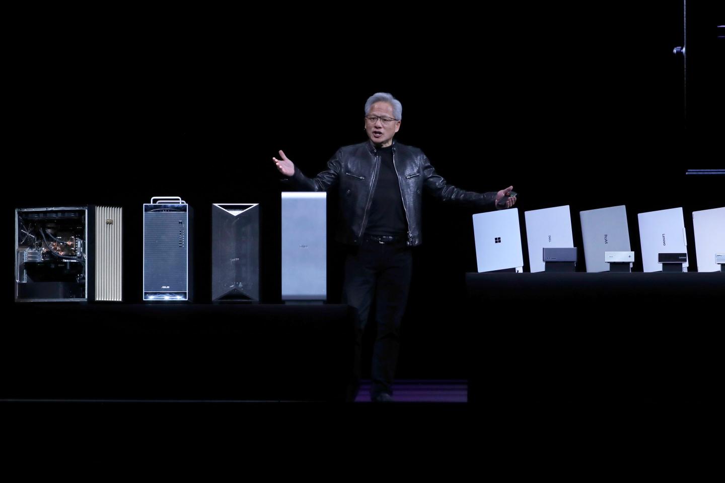 Nvidia CEO Jensen Huang delivers a speech during the Computex 2026 exhibition in Taipei, Taiwan, Monday, June 1, 2026.