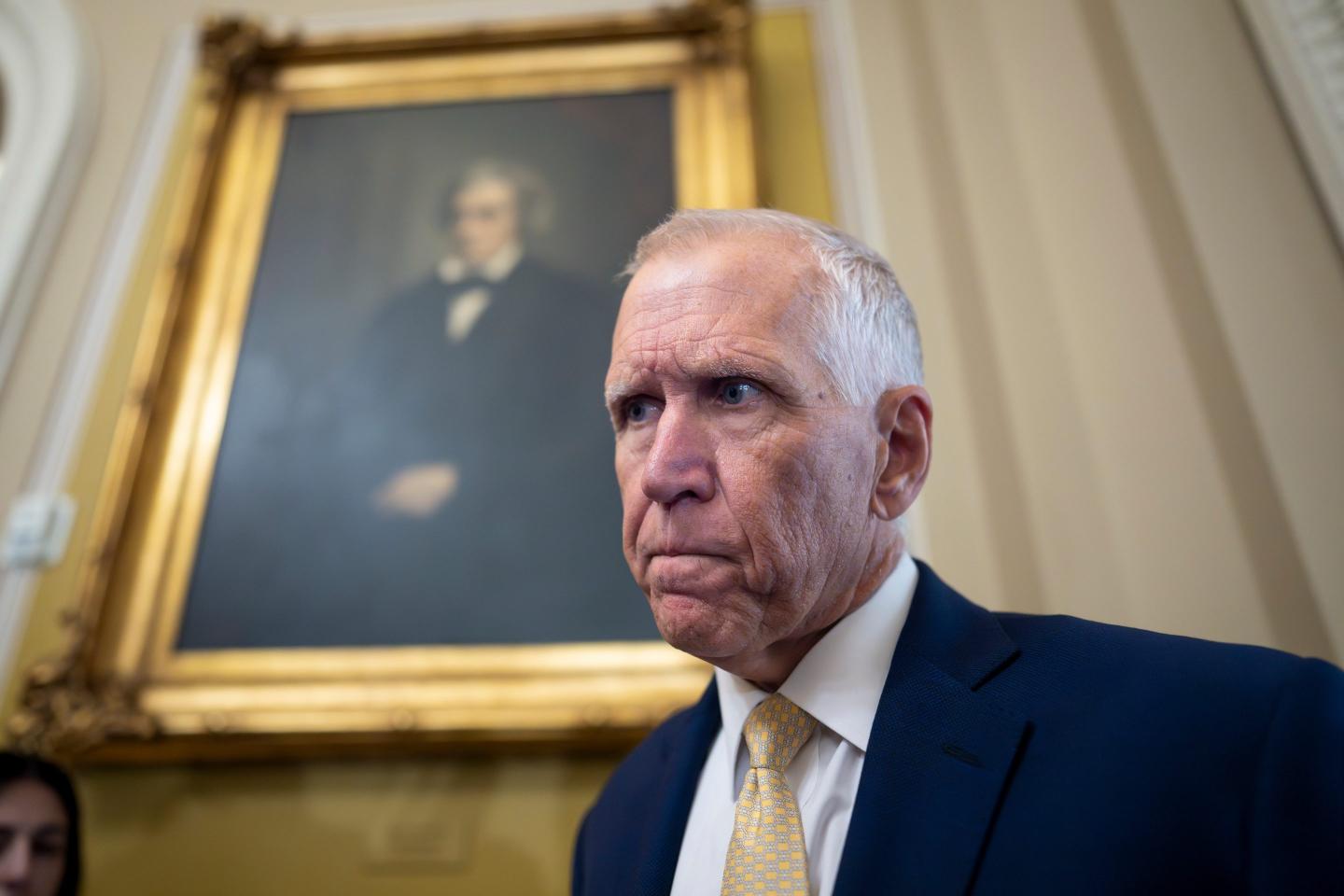 Sen. Thom Tillis, R-N.C., speaks with reporters before a Republican lunch at the Capitol in Washington, Tuesday, June 16, 2026. 