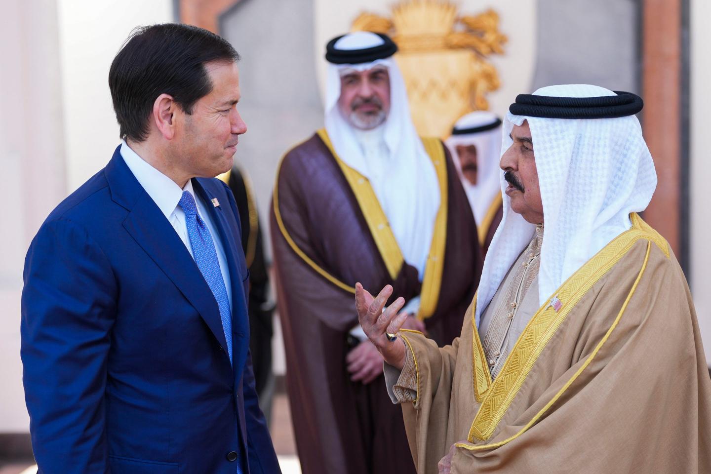 U.S. Secretary of State Marco Rubio, left, and Bahrain's King Hamad bin Isa Al Khalifa share a word after their meeting, at Al-Sakhir Palace near Zallaq, Bahrain Thursday, June 25, 2026.