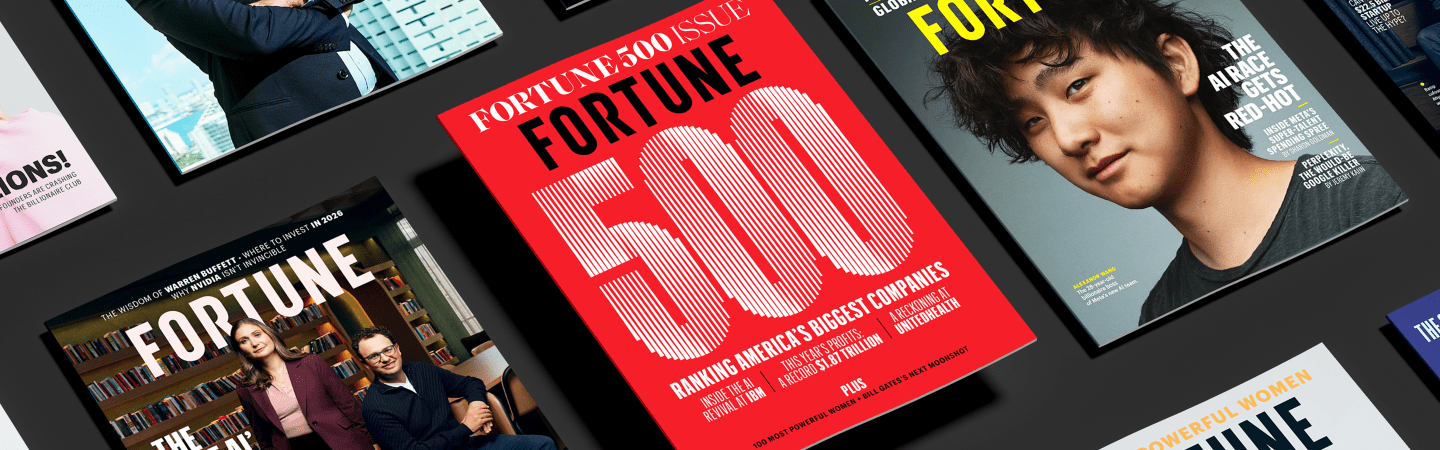 A collage of Fortune magazine covers arranged diagonally.