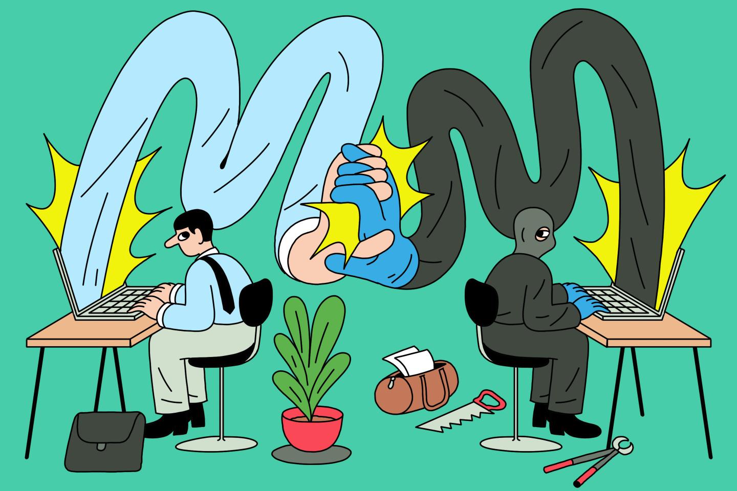 Artistic rendering of a hacker trying to gain access to a worker's computer