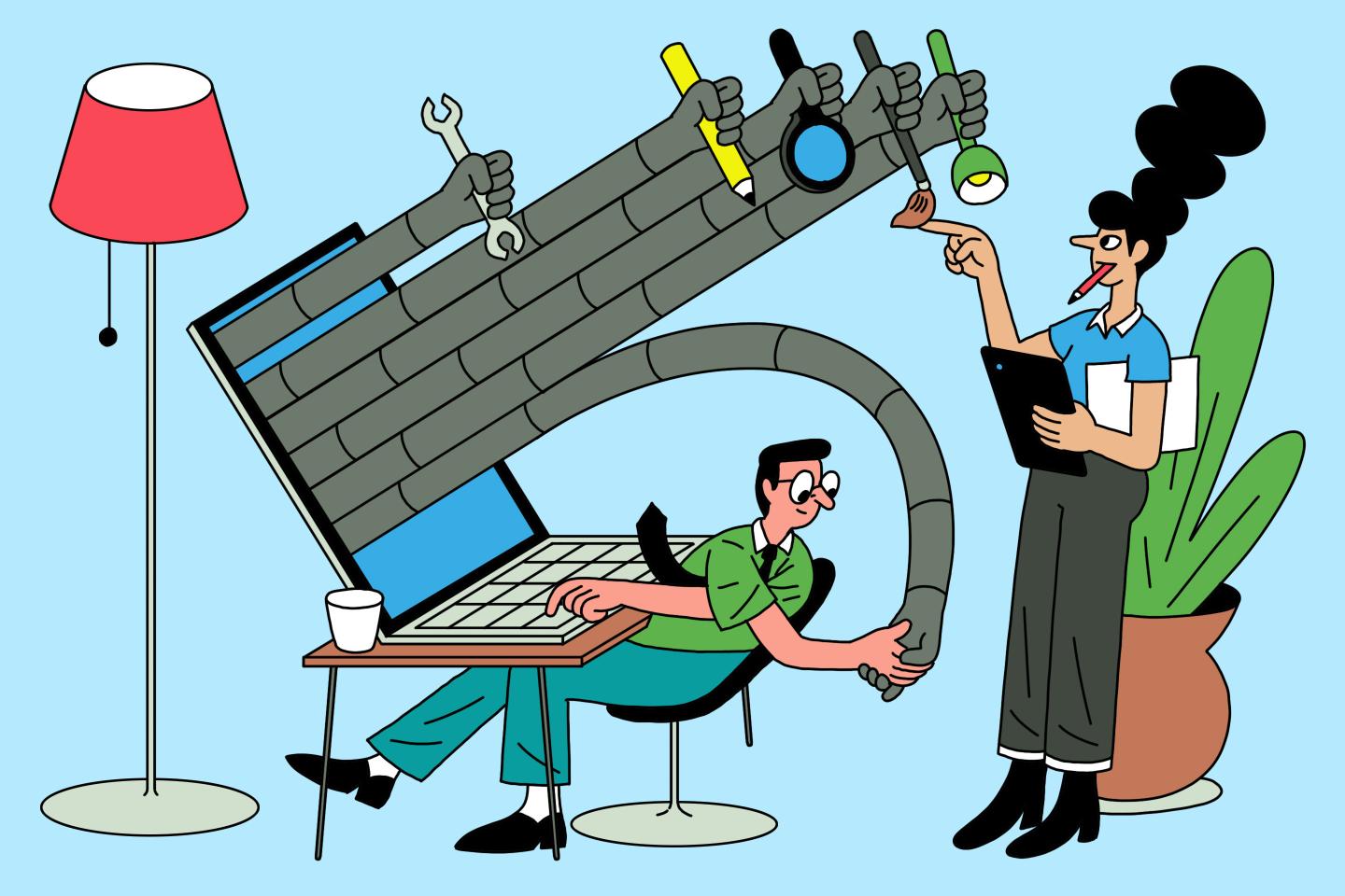 Artistic drawing of two employees using several tools at once