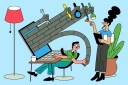 Artistic drawing of two employees using several tools at once