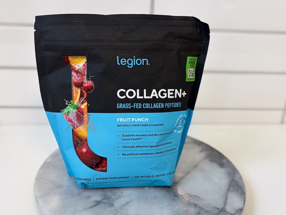 A bag of Legion Collagen+ sitting on a marble tabletop.