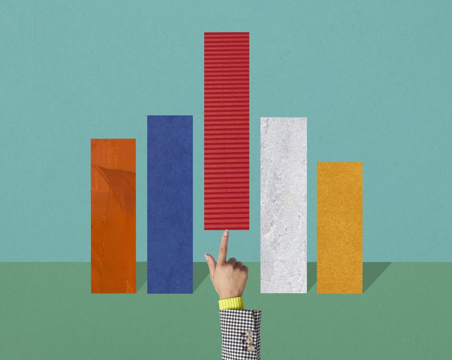 Image of colored bar charts with one being pushed up.