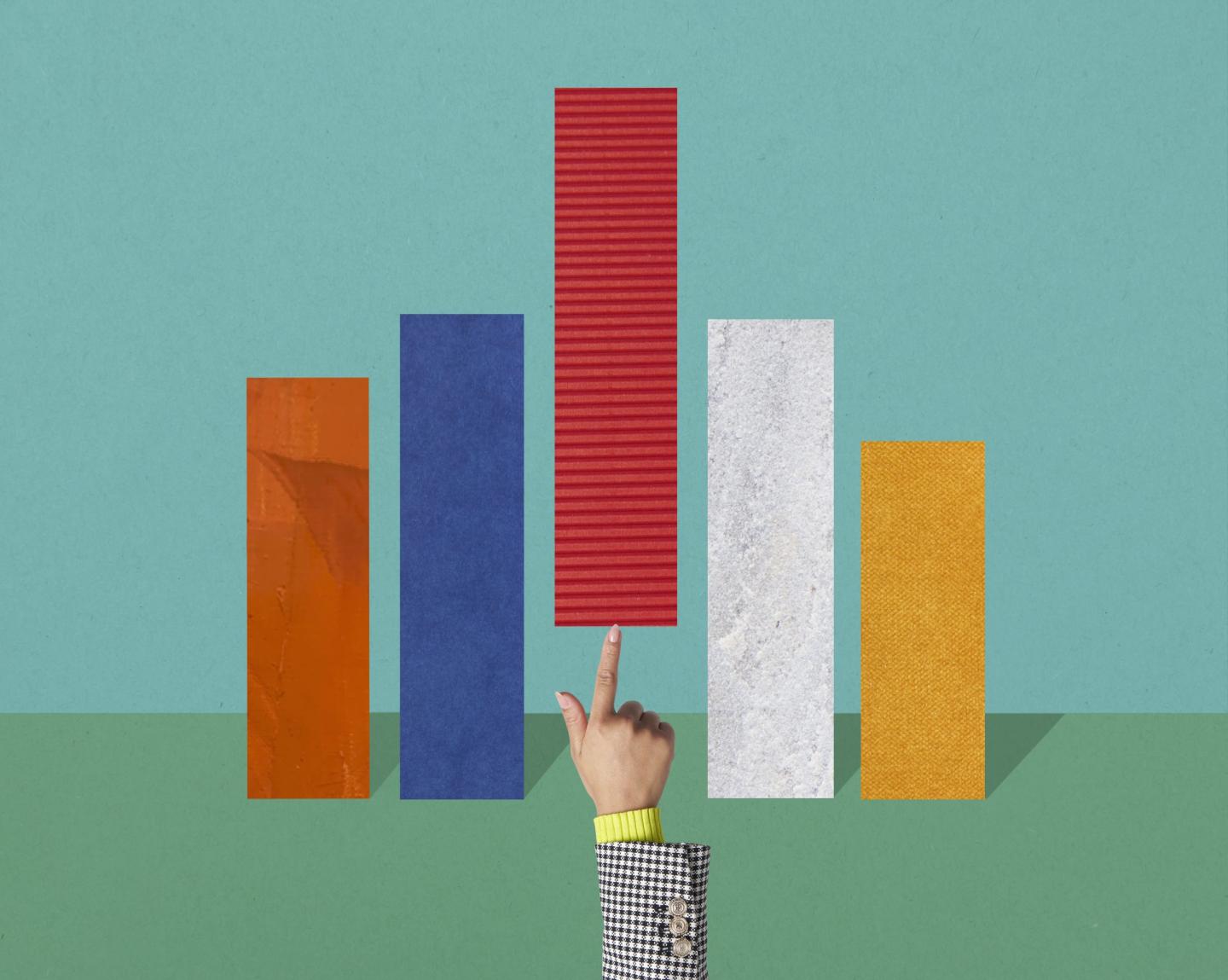 Image of colored bar charts with one being pushed up.