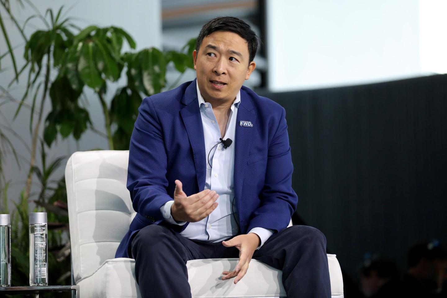 Andrew Yang speaks during a panel discussion in New York