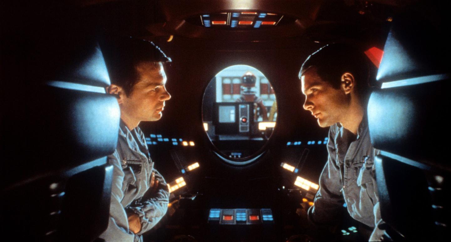 Gary Lockwood talks to Keir Dullea in a scene from the film '2001: A Space Odyssey', 1968.