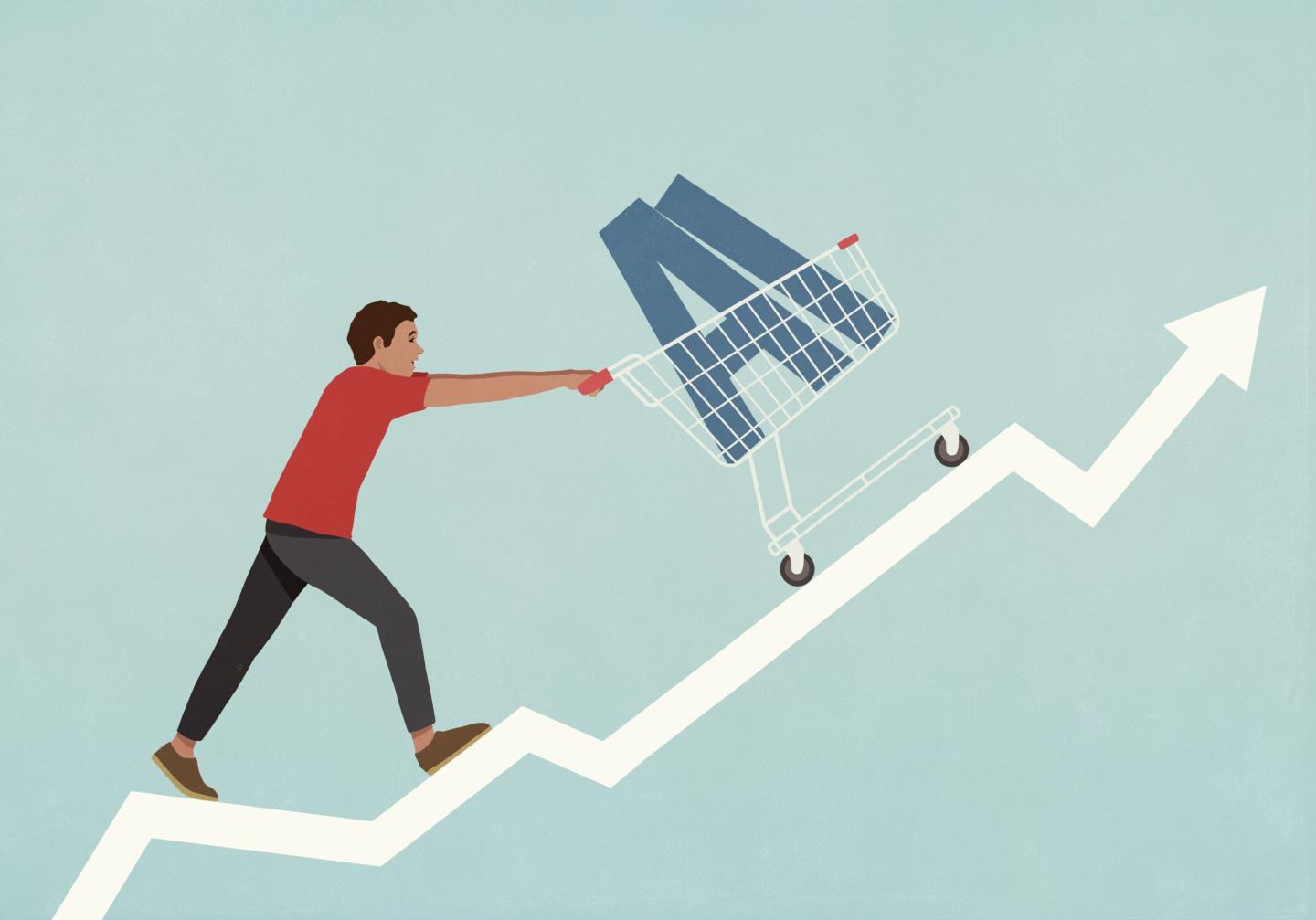 Man pushing AI in a cart upwards.