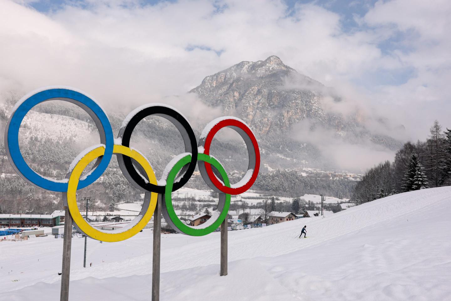 Olympic rings at the Tesero Cross-Country Skiing Stadium ahead of the Milano Cortina 2026 Winter Olympics on February 03, 2026 in Tesero, Italy.