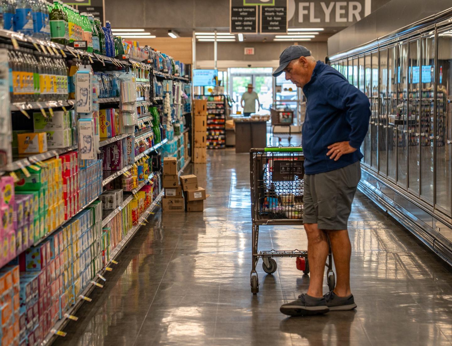 A shopper looks at a beverage display June 4, 2026 at the Market 32 Supermarket in South Burlington, Vermont.