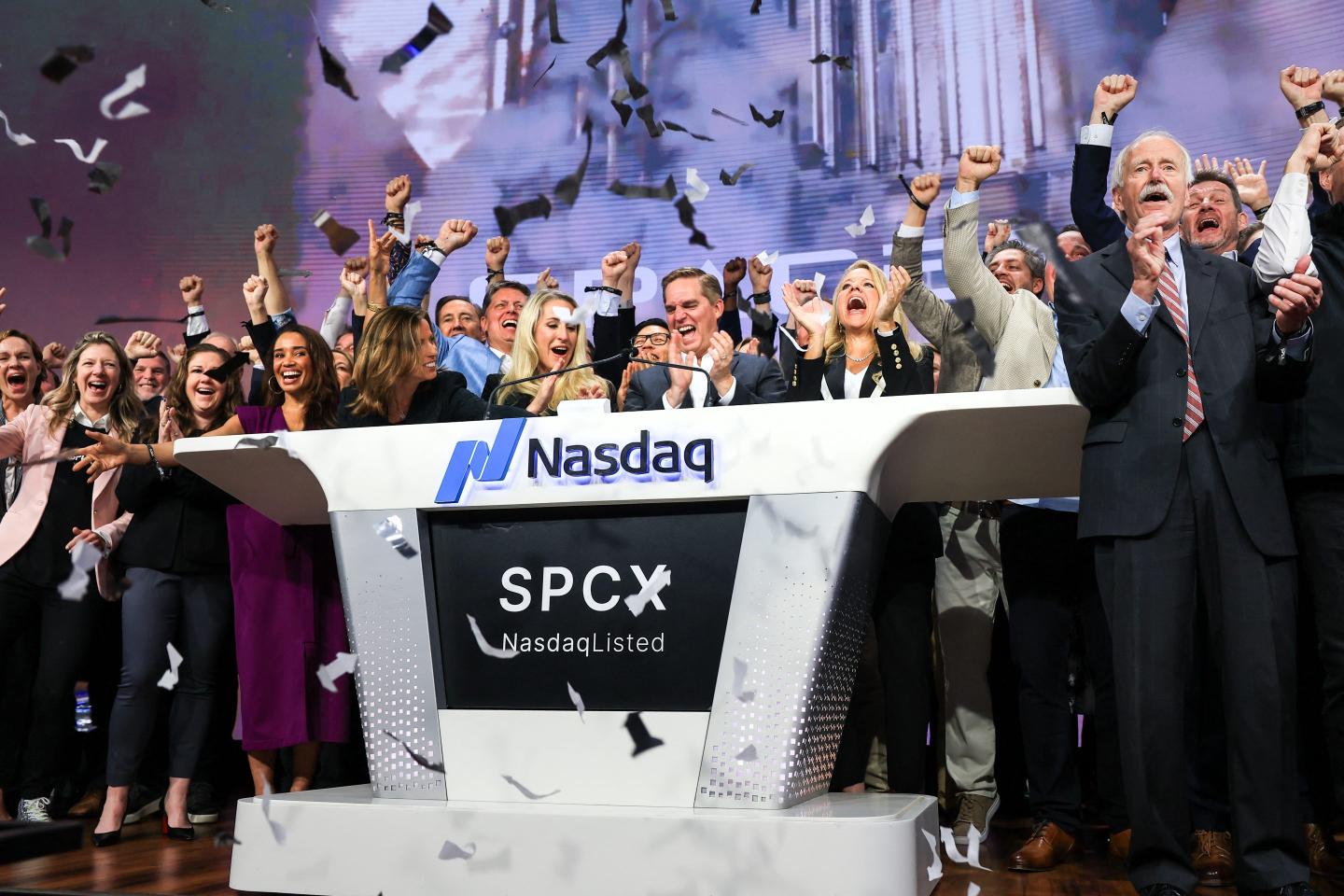 SpaceX executives celebrate the IPO with confetti