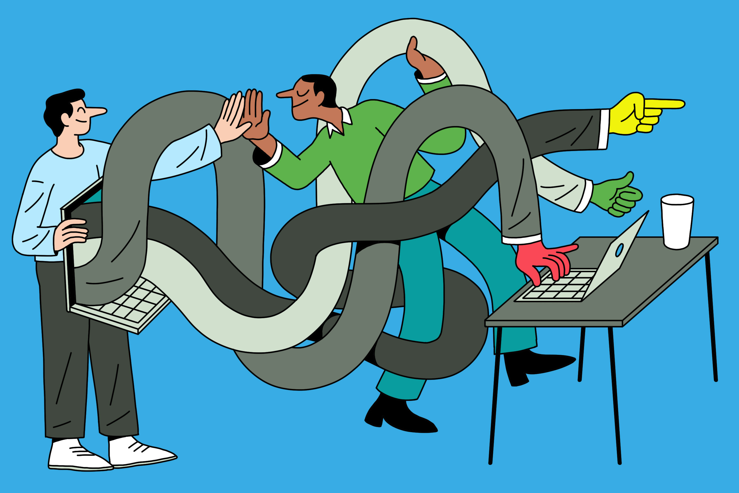 Artistic rendering of complex systems being simplified by two workers