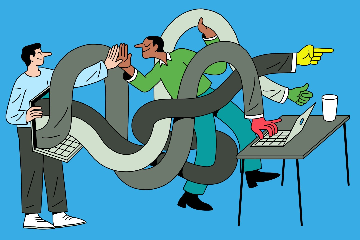 Artistic rendering of complex systems being simplified by two workers