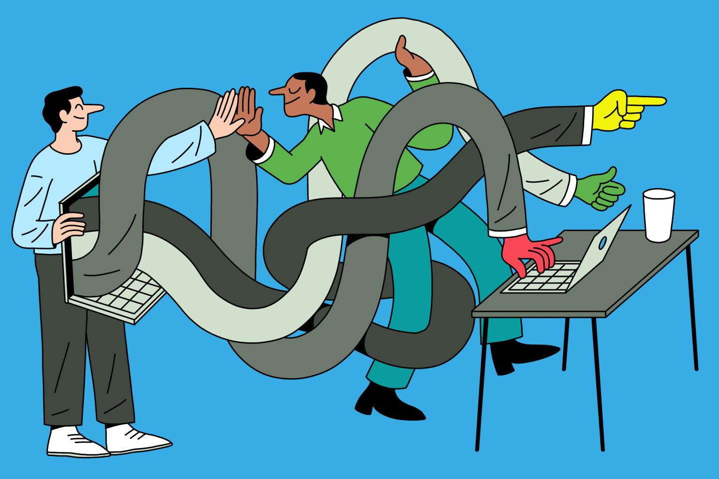 Artistic rendering of complex systems being simplified by two workers