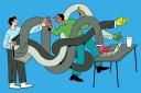 Artistic rendering of complex systems being simplified by two workers