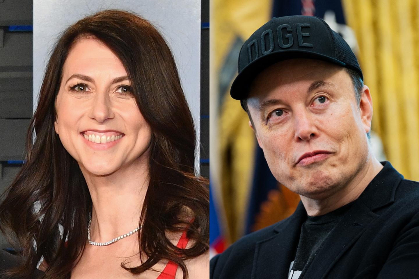 MacKenzie Scott (left); Elon Musk (right)