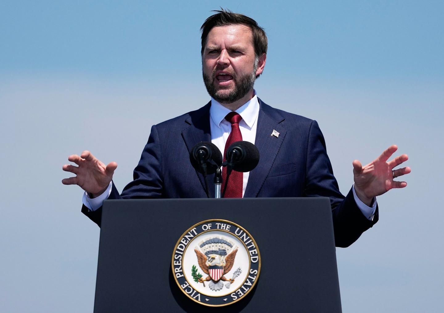 Vice President JD Vance speaks on the flight deck of the USS Kearsarge (LHD-3) in the New York harbor during The International Naval Review honoring America's 250th Anniversary, Saturday, July 4, 2026, in New York. 